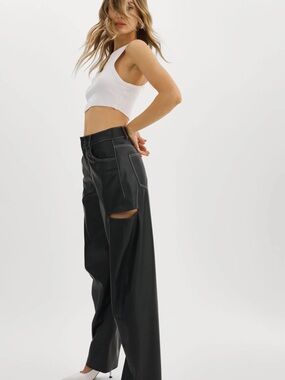 Lamarque Black Wide-Leg Faux Leather Pants with Thigh Cutout